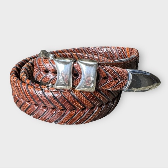 Mezlan Men’s 36 Brown Lizard Woven Leather Belt Silver Buckle Made in Spain - Picture 1 of 11